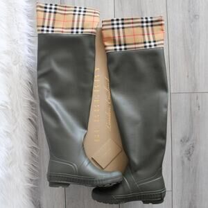 Burberry Nova Check Olive Green Rain Boots Tall Knee High Over The Knee Wellies